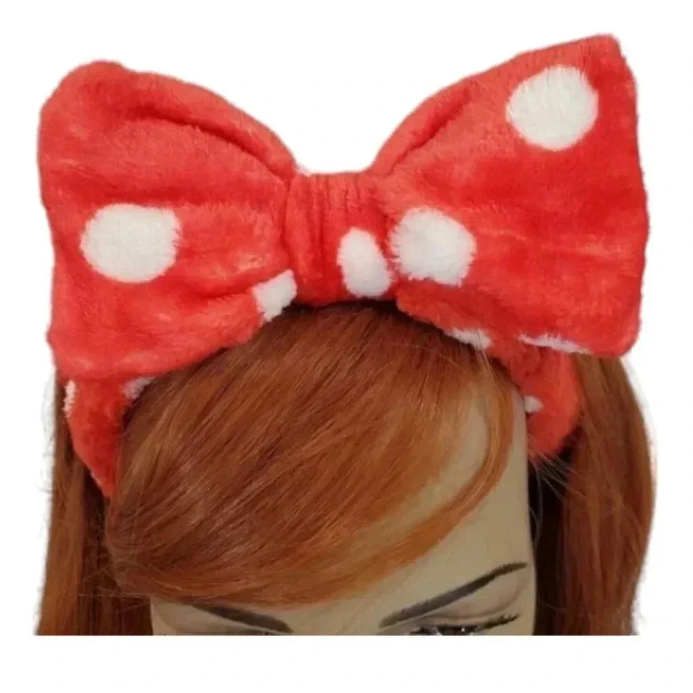 Red and White Polka Dot Super Plush Elastic Bow Spa Headband.